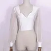 Vintage Sheer Lantern Sleeve Blouse Shirts Dames Sexy Backless Lace Up Blouse Tops V-hals Dames Blusas Crop Tops 210415