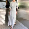 Casual Long T-Shirt Dress Femmes Élégant À Manches À Volants Mince Irrégulier Cordon Taille Haute Split Ourlet Modal Doux Robes D'été 210527