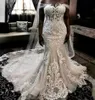 Sexy champán africano Samida Mermaid Vestidos de boda Vestidos de novia fuera de hombro Arábigo de encaje completo Apliques Cristal Boaded Sheer Ilusión