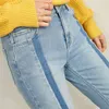 Пэчворк полосой джинсы осени женщин корейский высокий талию молния карманы стройная подходящая мода женские штаны 11940551 210527
