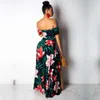 Printed Summer Beach Maxi Dress Strapless Off Shoulder Sexy High Slit Sundress Womens Robe Hollow Out Long DressesCasual Fashion Versatile Style