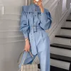 Korean retro elegant stand-up collar single-breasted waist slim straight tooling long jumpsuit with belt women fashion 210508
