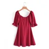 Французский стиль старинные сплошные цвета V-образным вырезом мини-платье женщины летние повседневные платья с коротким рукавом женские Vestidos 210508