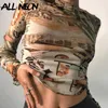 Allneon E-Girl Винтажная печать HOLLOE OUT длинные рукава Урожайные вершины Harajuku O-Hee Ruched Slim T-рубашки Осенняя улица Y2K Tees Y0629