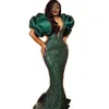 ASO EBI Dark Green Prom Dresses met Puff Sleeves Kralen Lovertjes Mermaid Avondjurken Plus Size Speciale Gelegenheid Feestjurk voor Afrikaanse Vrouwen Zwarte Meisjes 2021