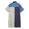 [EAM] Women Blue Striped Plaid Big Size Shirt Dress Lapel Short Sleeve Loose Fit Fashion Spring Summer 1DD7529 210512
