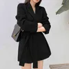 [DAT] Zwart Tweed Kleed Kraag Jas verdikt Medium Lengte Small Suit Vrouwen Koreaanse Mode Lente en Herfst GX964 210428