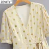 Kvinnor Vintage Cross V Neck Polka Dots Gilding Bow Slips Midi Dress Femme Chic Puff Sleeve Sommar Wrap Kimono Vestido DS8170 210420