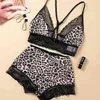 Women Fashion Sexy Lace Patchwork 2 Pcs Matching Sets Leopard Print Clothes Sling V Neck Backless Vest And Elastic Waist Shorts 210517