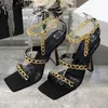 2021 Runway Sier Chain Sandals Women High Heel Shoes Square Toe Ankel Strap Summer Sandal Sexig Party Shoe Woman