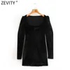 Zevity Women Vintage Square Collar Pleats Puff Sleeve Slim Mini Dress Femme Chic Velvet Party Vestido Casual Clothing DS4923 210603