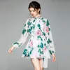 Rose fleur imprimé floral col montant vintage en mousseline de soie mini robes pour femmes à lacets arc ceintures robe robe vestido de 210421