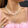 Pendant Necklaces Cuban Vintage Diamond Peach Heart-Shaped Necklace For Women Multi-layer Imitate Pearl Chain Light Luxury Jewelry Female 20