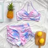 Tie-dye Green Sling with Padded Tops+Side Drawstring Shorts Swimsuit Summer Swimming Suit for Women Two Piece High Waist Bikini 210604