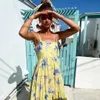 Kadınlar Zarif Çiçek Baskı Sarı Kolsuz Midi Elbise Yaz Vintage Kayış Bahçe Parti Robe Beach Tatil Femme Vestidos 210521