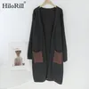 Höst Vinter Kvinnor Vintage Patchwork Long Cardigan Med Fickor Ärme Casual Strikked Sweater Chic OuterWear Coat 210508