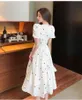 LLZACOOSH Summer Korean Strawberry Print Women Vintage White Square Collar Puff Sleeve Slim Draped A Line Dresses Clothes 210514