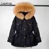 Lagabogy Winter Women White Duck Down Kurtka Grube Ciepłe Parki Kobiet Kieszonkowy Kieszonkowy Z Kapturem Wiatroodporny Ludowy Coat Real Raccoon Futro 211126