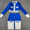 Ailigou gratis patchwork blauw wit O-hals lange mouw zak knop tweedelige bandage rok vrouwelijke set 220120