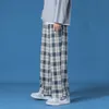 Men Polyester Loose Japan Harajuku style Grid Wide Pants Men Casual Drawstring Elastic Leg opening Ankle Length Pants Men 210930
