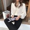 Primavera Outono Coreia Moda Mulheres Manga Longa Laço V-Pescoço Branco Camisa Social-Breasted Doce Cute Blusas Femme Tops S85 210512