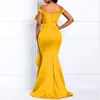 Robe jaune longue pour les femmes hors épaule sexy sirène perles maigre bal longueur de plancher soirée dîner de mariage maxi robes 210307y