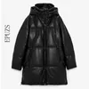 Winter Hooded Patded PU Parka Vrouwen Faux Leer Donsjack Vrouwelijke Losse Zipper Overjas Casual Warm Lange Jassen 211130