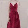 Высокое качество Элегантное красное кружевное платье сексуальное спагетти ремень женщин V-образным вырезом, выдолбленные без спинки Runsway ES 210520