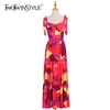 Lace Up Bowknot Print Dress For Women Square Collar Sleeveless High Waist Hit Color Dresses Female Fashion 210520