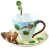 Tasses à café en émail définit des tasses à thé en porcelaine avec une cuillère à soucoupe 3D Rose Elephant Creative Drinkware 210804