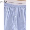 Luz azul listrado shorts mulheres elásticas cintura alta ocasional femme verão pantalones cortos de mujer 210514