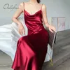 Summer Eleganckie Kobiety Satin Slip Silk Shiny Vintage Burgundy Sexy Night Club Party Midi Dress 210415