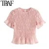 TRAF Women Sweet Fashion Ruffed Pleated Cropped Blouses Vintage O Neck Short Sleeve Female Shirts Chic Tops 210415