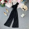 Women's Oblique Collar Suspenders Jumpsuit Female Off-the-shoulder Ruffles Slim Lacing High Waist Wide Leg Pants ML561 210506