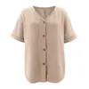 Женские летние футболки мода мода однобортный дизайн V-шеи половина рукава сплошной цвет повседневная свободная уличная одежда кардиган топы дамы 210522
