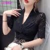LDYRWQY versione estiva coreana del pizzo intrecciato sexy con camicia in chiffon alla moda con scollo a V profondo 210416