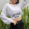 Cool Letter Print Harajuku Y2K Pullover Woman Hip Hop Metalen Ring Bijgesneden Top Streetwear Korte Sweatshirt Vrouwelijke Basic Goth Outfit 210709