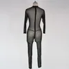 Damen-Overall, Strampler, Body Femme, sexy schwarzer Spitzen-Overall, erotisches Netz, transparent, durchsichtig, langärmlig, Damen-Pole-Dance-Kostüm