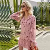 Wiosna V-Neck Różowa Solidna Drukowanie Ruffles Sukienka Dress Casual Damska 210524