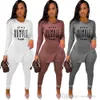 2022 trends Fall Women Tracksuits Rib Two Piece Set Deisgner Pink Color Outfits Casual Knit Letter Printed T-shirt Solid Long Sleeve Pants Suits