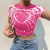 Rosa Sweet Heart Printed Y2K Femme Kvinnors T-shirts Kläder Sommar Tie Dye Crop Top Harajuku Kortärmad Tee Shirt Paisle 210415