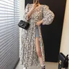 Boho lange lantren mouw bloem print vrouwen jurk elegante lente v-hals knop vestidos vakantie vrouwelijke retro maxi jurken 210527