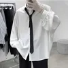 黒い長袖シャツ男性韓国快適なブラウスカジュアルルースシングルブレストシャツTie P0812
