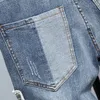 Costura estiramento jeans masculino rasgado destruído calças de ajuste fino moda casual contraste cor retalhos streetwear pantalones para hombre vaqueros