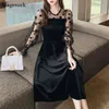Vestido negro imperio de terciopelo coreano para mujer elegante invierno línea A Midi bordado femenino Sexy señoras es Vestidos 12557 210512