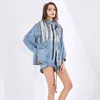 Patchwork Sequin Jassen voor Dames Revers Lange Mouw Oversized Streetwear Denim Blue Jassen Vrouwelijke Mode 210524