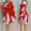 ケープスリーブの葉プリントRuched Summer Dress Women x0521