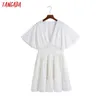 タンガダ夏の女性が中空アウト刺繍ロマンチックなコットンドレス半袖女性ホワイトサンドレス6Z100 210609
