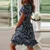 Boho Floral Print Ruches Dames Jurk Zomer Sexy V-hals Korte Mouw Een Chiffon Mini Jurken Beach Vacation Sundress