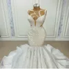 Luxuriöse, mit Perlen verzierte Meerjungfrau-Hochzeitskleider, Brautkleider, Spaghetti, V-Ausschnitt, Sweep-Zug, Robe de Soiree Mariage253D
